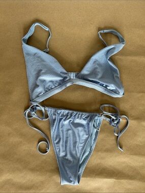Women's Light Blue Ribbed Tie-Side Bikini Set